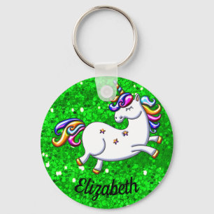 RegnbågeUnicorn på grönt glitter Nyckelring