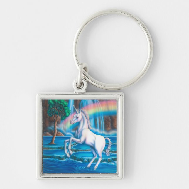RegnbågeUnicornkeychain Fyrkantig Silverfärgad Nyckelring (Framsidan)