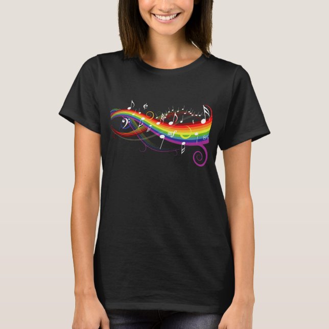 Regnbågevitmusik noter på svart tee shirt (Framsida)
