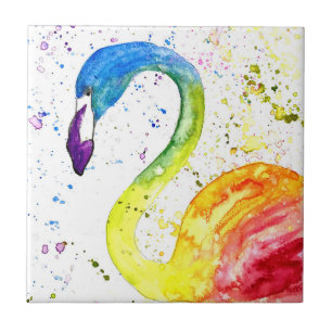 Regnbågflamingo Tropiska fåglar vattenfärg Cute Kakelplatta