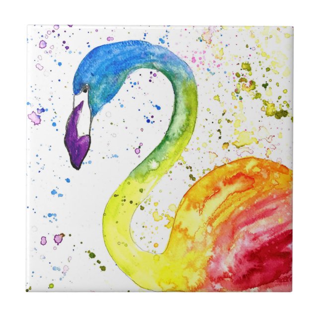 Regnbågflamingo Tropiska fåglar vattenfärg Cute Kakelplatta (Framsidan)