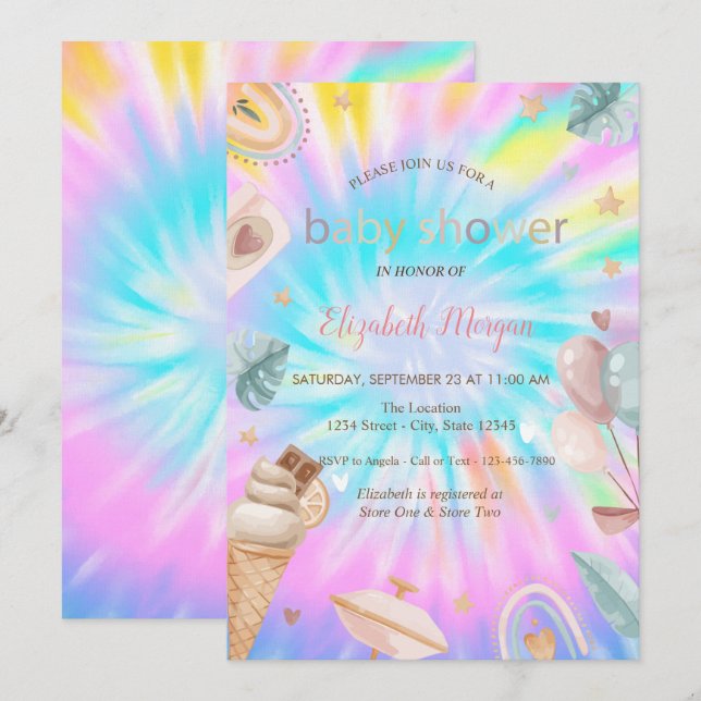 Regnbåggräddballonger Tie Dye Baby Shower Inbjudningar (Fram/baksida)