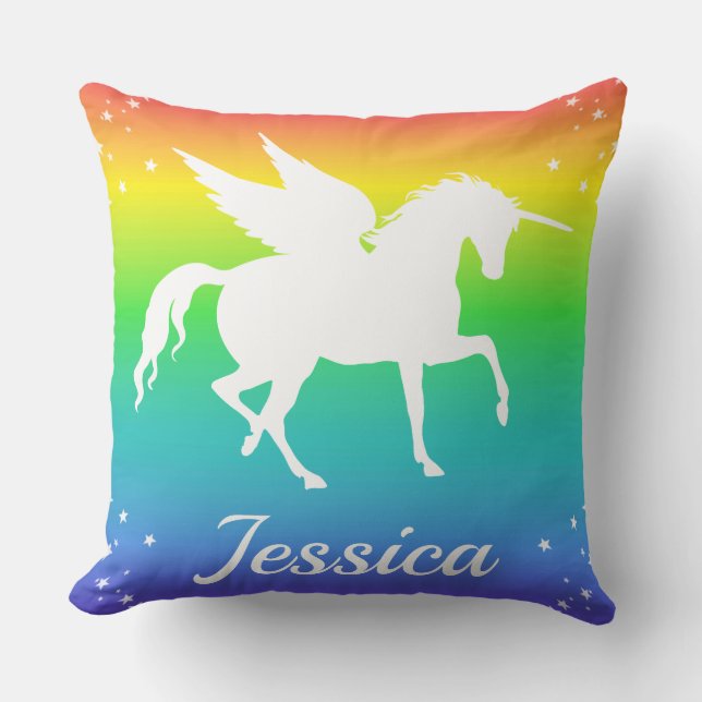 Regnbåggradient och Unicorn Silhouette med stjärno Kudde (Framsida)