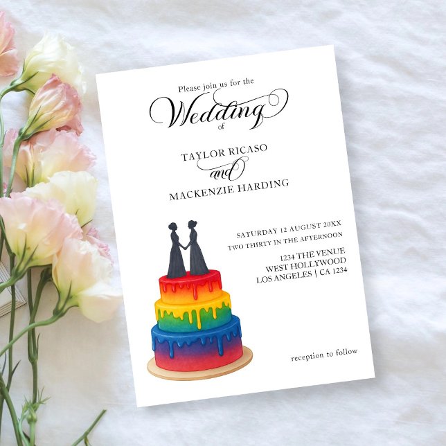 Regnbågkaka och elegant-skript gay bröllop inbjudningar (Rainbow cake and elegant script gay wedding invitation by Ricaso. Exclusive to Zazzle.)