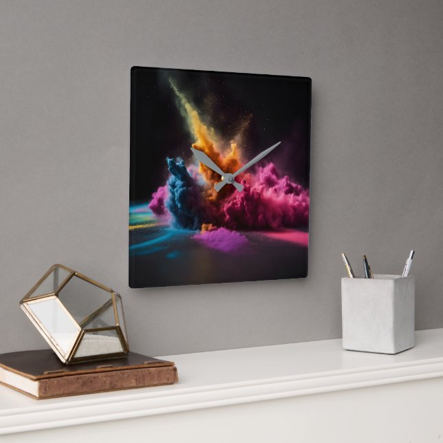 Regnbågpulver Blast on Black Fyrkantig Klocka (Kontor)