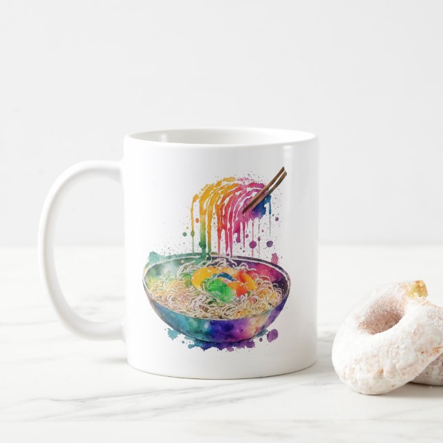Regnbågs Art Ramen Nudlar och ätpinnar Kaffemugg (Med munk)
