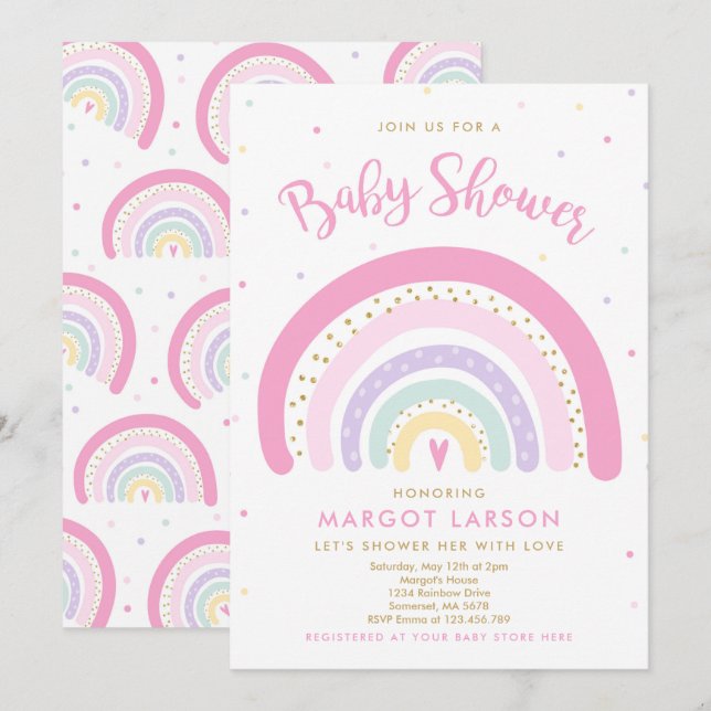 Regnbågs babystöldsinbjudan Pastel Rainbow Inbjudningar (Fram/baksida)