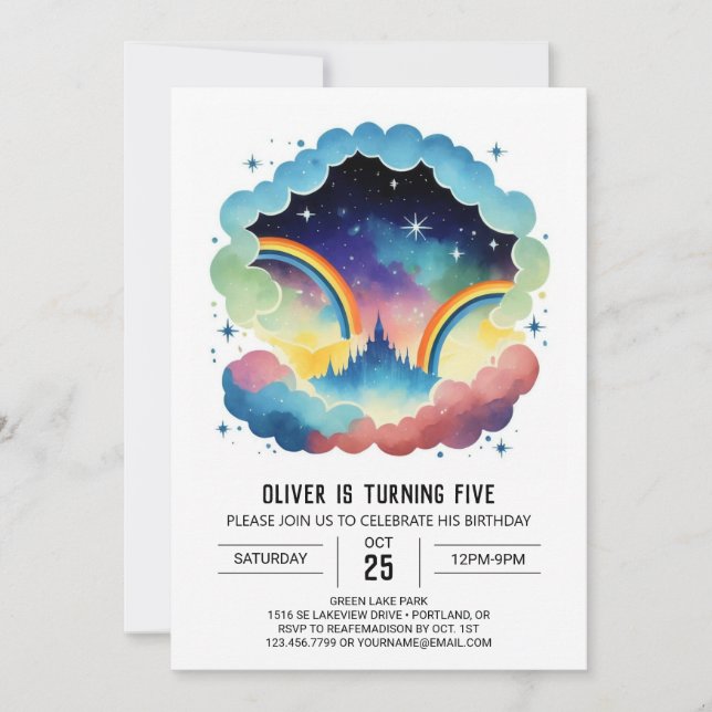 Regnbågs enkla moln födelsedag inbjudningar (Framsida)