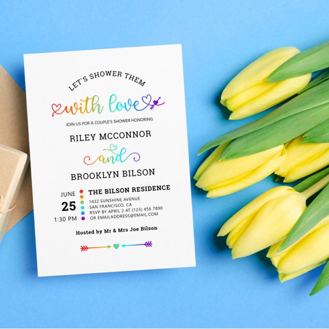 Regnbågs Hjärt Script Söt LGBT Pars Dusch Inbjudningar (Skapare uppladdad)