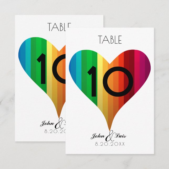 Regnbågs Hjärtat Bröllops Bordnummer Inbjudningar (Fram/baksida)