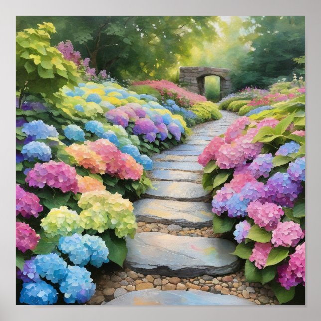 Regnbågs Hydrangea Trädgårdsstig Poster (Framsidan)