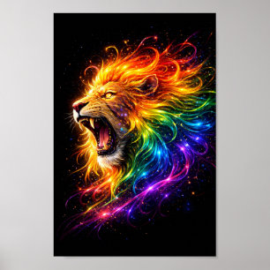 Regnbågs Lejon rytande – Kosmisk Neon Vilda djur k Poster