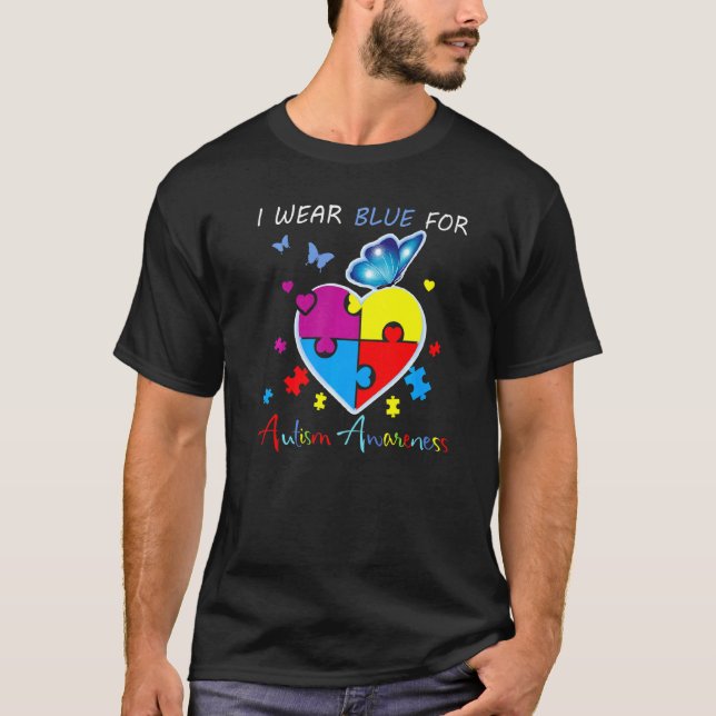 Regnbågs Pussel Hjärtans Fjäril Blå För Autism Med T Shirt (Framsida)