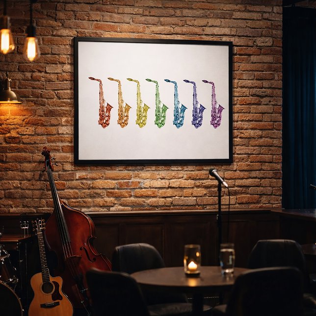 Regnbågs Saxofon Konsttryck Poster (A poster featuring a rainbow lineup of alto saxophones.)