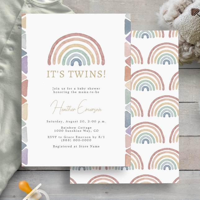 Regnbågs-tvillingarnas babyfirande inbjudningar (Boho Colorful Rainbow Twins Baby Shower Invitation by Painted Paperie
)