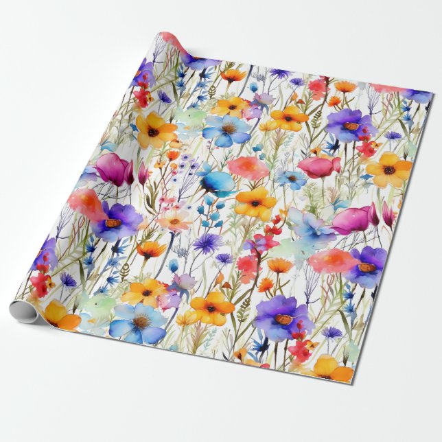 Regnbågsäng Vilda Blommor Blomster Vattenfärg  Presentpapper (Utrullad)