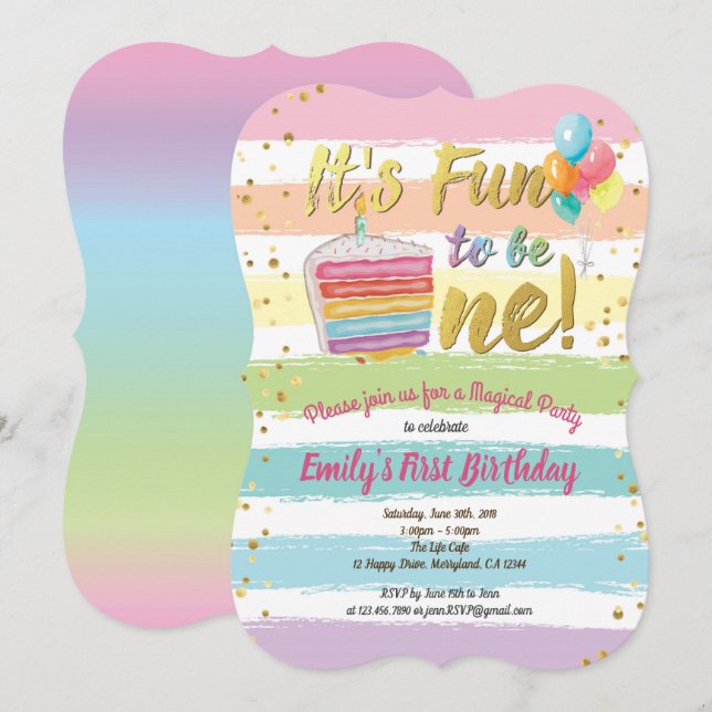 Regnbågsballong för första födelsedag i party inbjudningar (Fram/baksida)