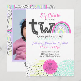 Regnbågsbebis Flickas 2-årsdag Kawaii Kritiskt Fot Inbjudningar