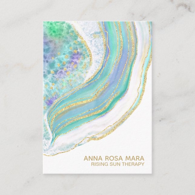 *~* Regnbågsblått    MintAgate-pastel i Guld Glitt Visitkort (Framsida)