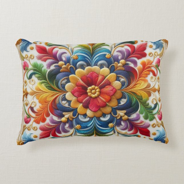 Regnbågsblommor Embroidery Tittar Blommigt Design Prydnadskudde (Framsidan)