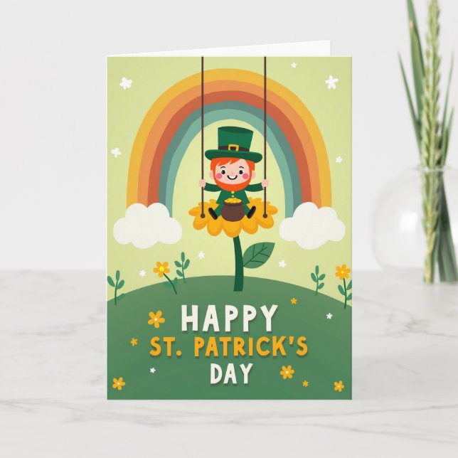Regnbågsblomsterkort med Leprechaun Kort (Framsida)