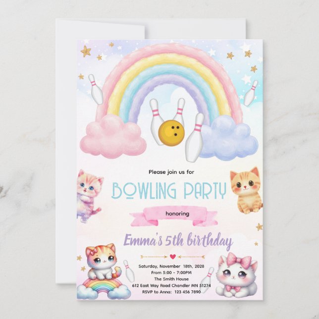 Regnbågsbowling katt festinbjudan inbjudningar (Framsida)