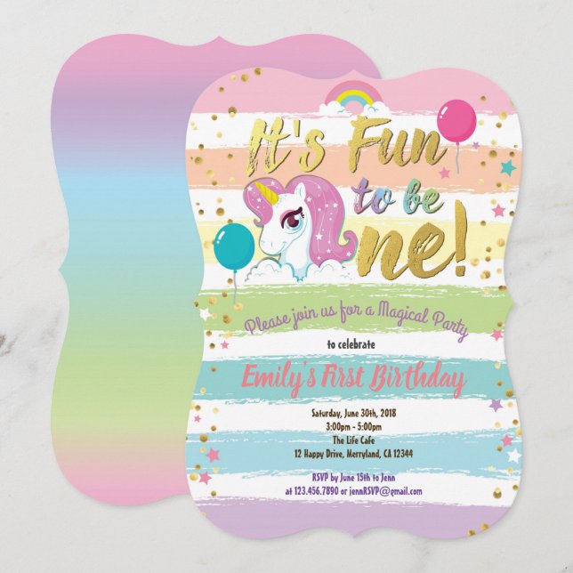 Regnbågsetikett för enhörnighet, första födelsedag inbjudningar (Fram/baksida)