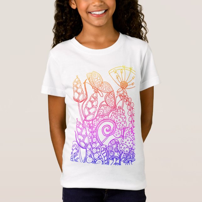 Regnbågsfantasiblommor med fjäril t shirt (Framsida)