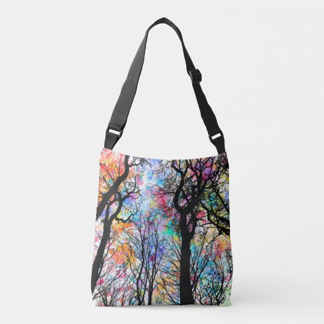 Regnbågsfärgad himlar, svart silhuett träd axelväska (Framsida)