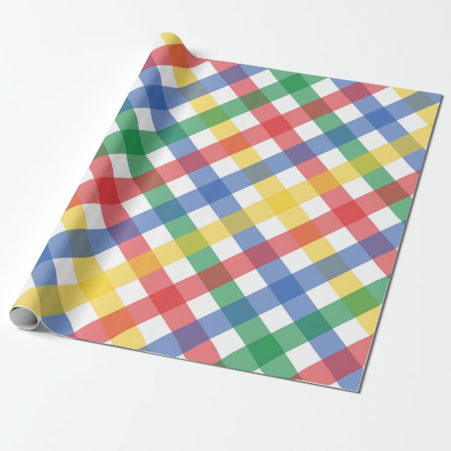 Regnbågsfärgad Plaid Rutmönster, Primärfärger Presentpapper (Utrullad)