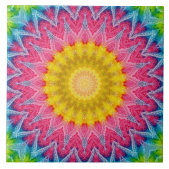 Regnbågsfärgad Tie-Dye Mandala med livfull symmetr Kakelplatta (Framsidan)