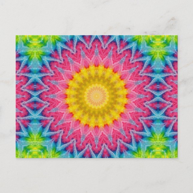 Regnbågsfärgad Tie-Dye Mandala med livfull symmetr Vykort (Framsida)