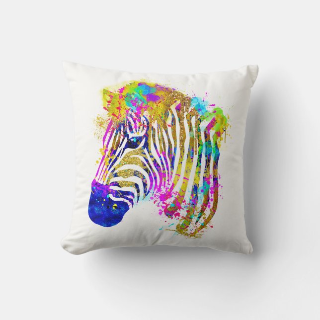 Regnbågsfärgad vattenfärgssprut Zebra-grafik Kudde (Framsida)