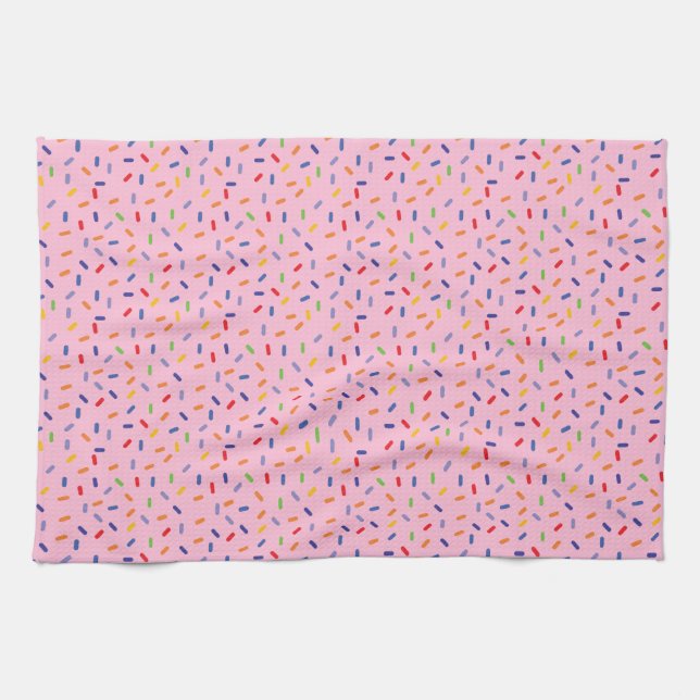 Regnbågsfärgade konfetti ljus rosa kökshandduk (Horisontell)