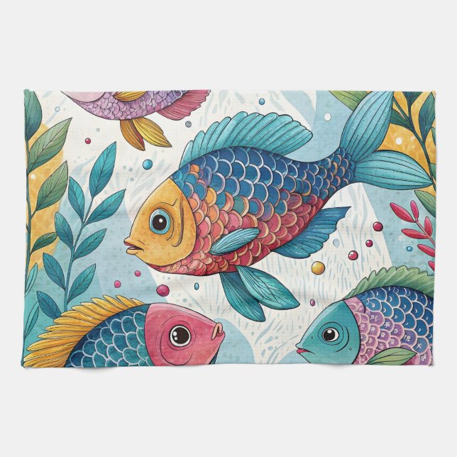 Regnbågsfisk i undervatten kökshandduk (Horisontell)