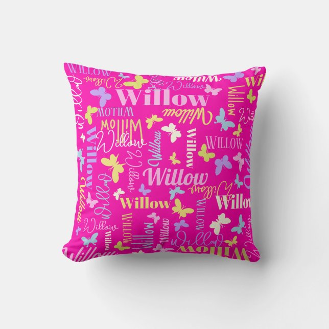Regnbågsfjärilar anpassat namn Willow varmt rosa  Kudde (Framsida)
