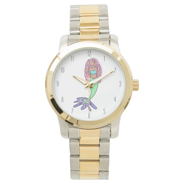 regnbågsflicka rosa blå lila grön svart lockig armbandsur (Framsida)