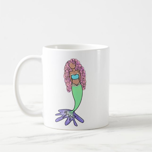 regnbågsflicka rosa blå lila grön svart lockig kaffemugg (Vänster)