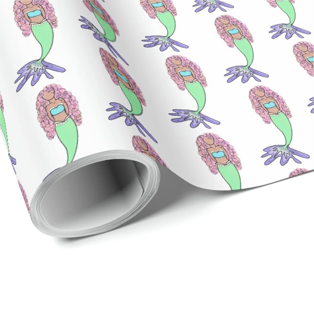 regnbågsflicka rosa blå lila grön svart lockig presentpapper (Rullad Hörn)