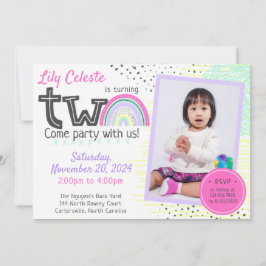 Regnbågsflickans 2-årsdag Kawaii-klotter Foto Inbjudningar