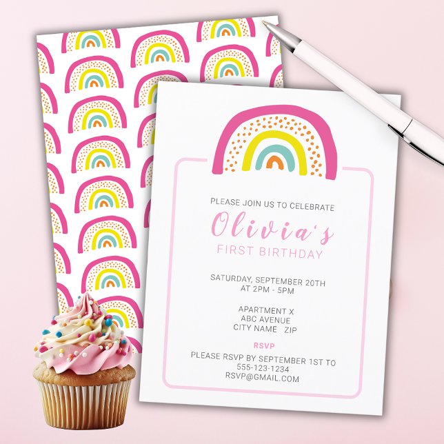 Regnbågsflickors Första Födelsedagsfest Inbjudningar (Colorful Rainbow Girls Birthday party invitation with rainbow pattern to reverse. )