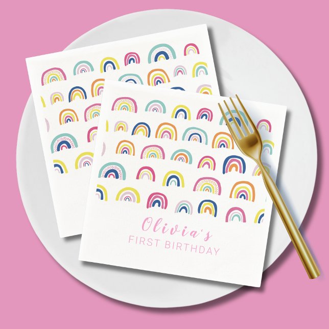 Regnbågsflickors Första Födelsedagsfest Pappersservett (Rainbow first birthday paper napkin)