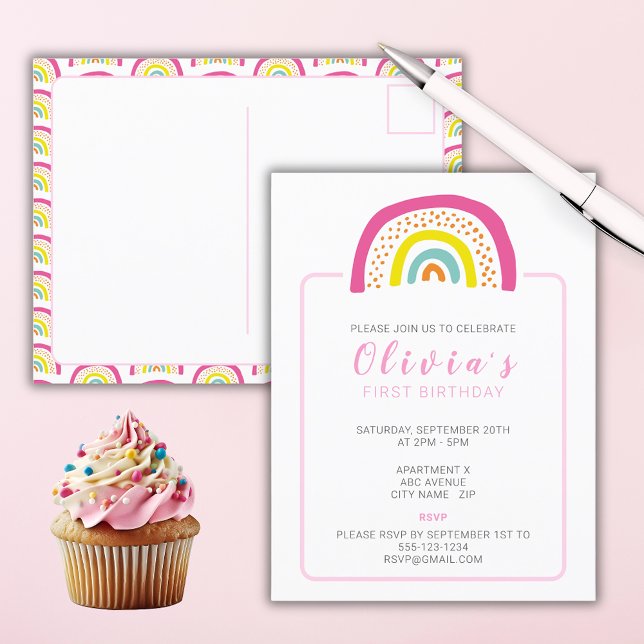 Regnbågsflickors Första Födelsedagsinbjudan Vykort (Girls Birthday Party Invitation postcard with colorful pink rainbow design.)