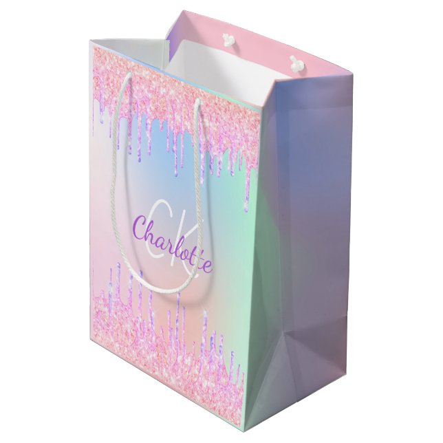 Regnbågsglitter dropp rosa monogram lyx (Baksidan Vinklad)