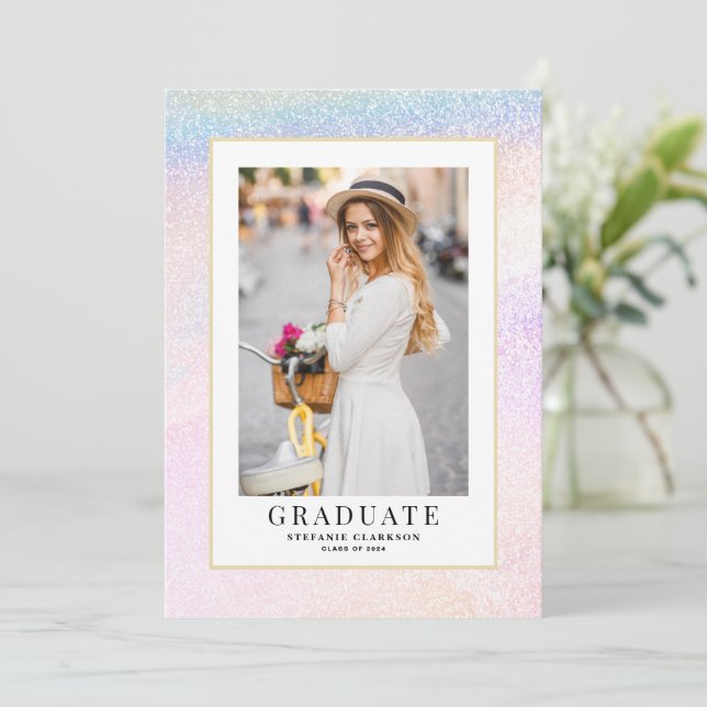 Regnbågsglitter holografiskt examensfoto meddelande (Stående Fram)