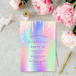 Regnbågsglitter rosa roséguld Sweet 16 födelsedag Inbjudningar