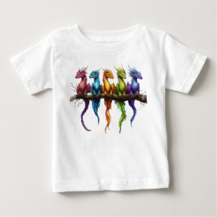 Regnbågsgrupp av små drakar på svart bakgrund t shirt