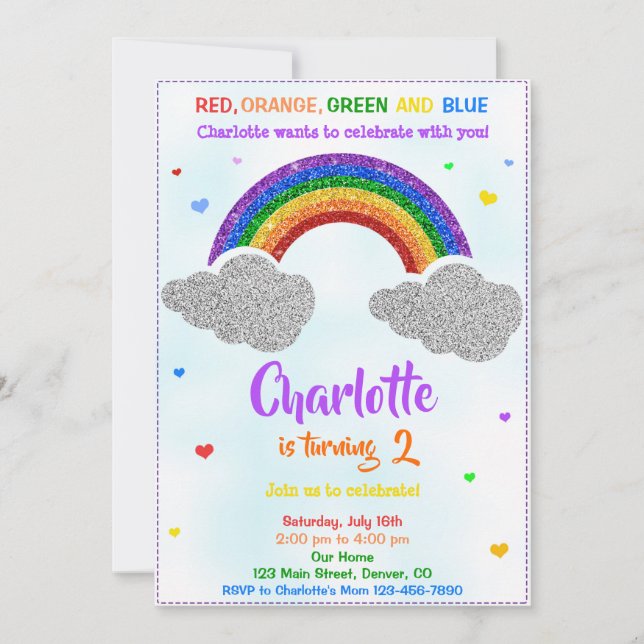 Regnbågsinbjudan Glitter rainbow inbjudan (Framsida)