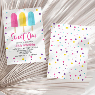 Regnbågsis am Sweet One sommar 1-års födelsedag Inbjudningar