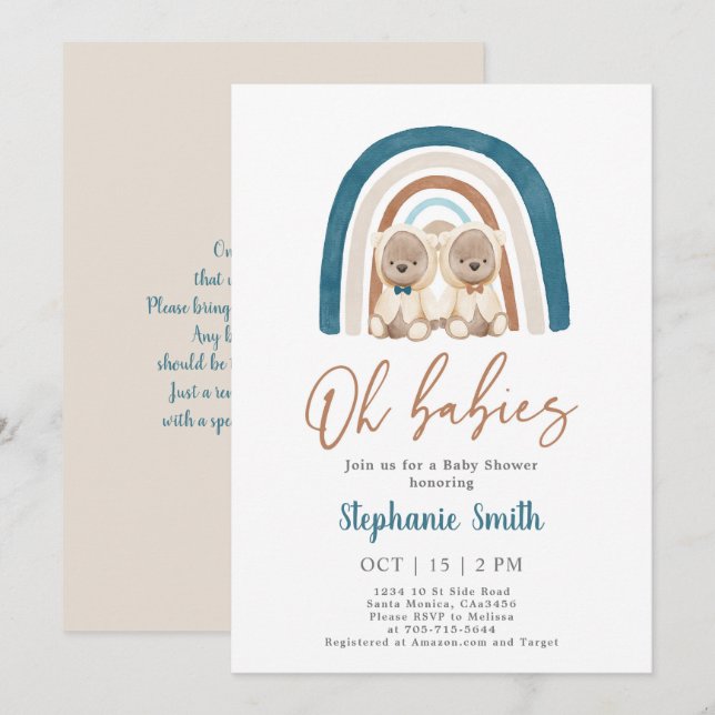 Regnbågskoppling med dubbla Nallar Inbjudningar (Fram/baksida)